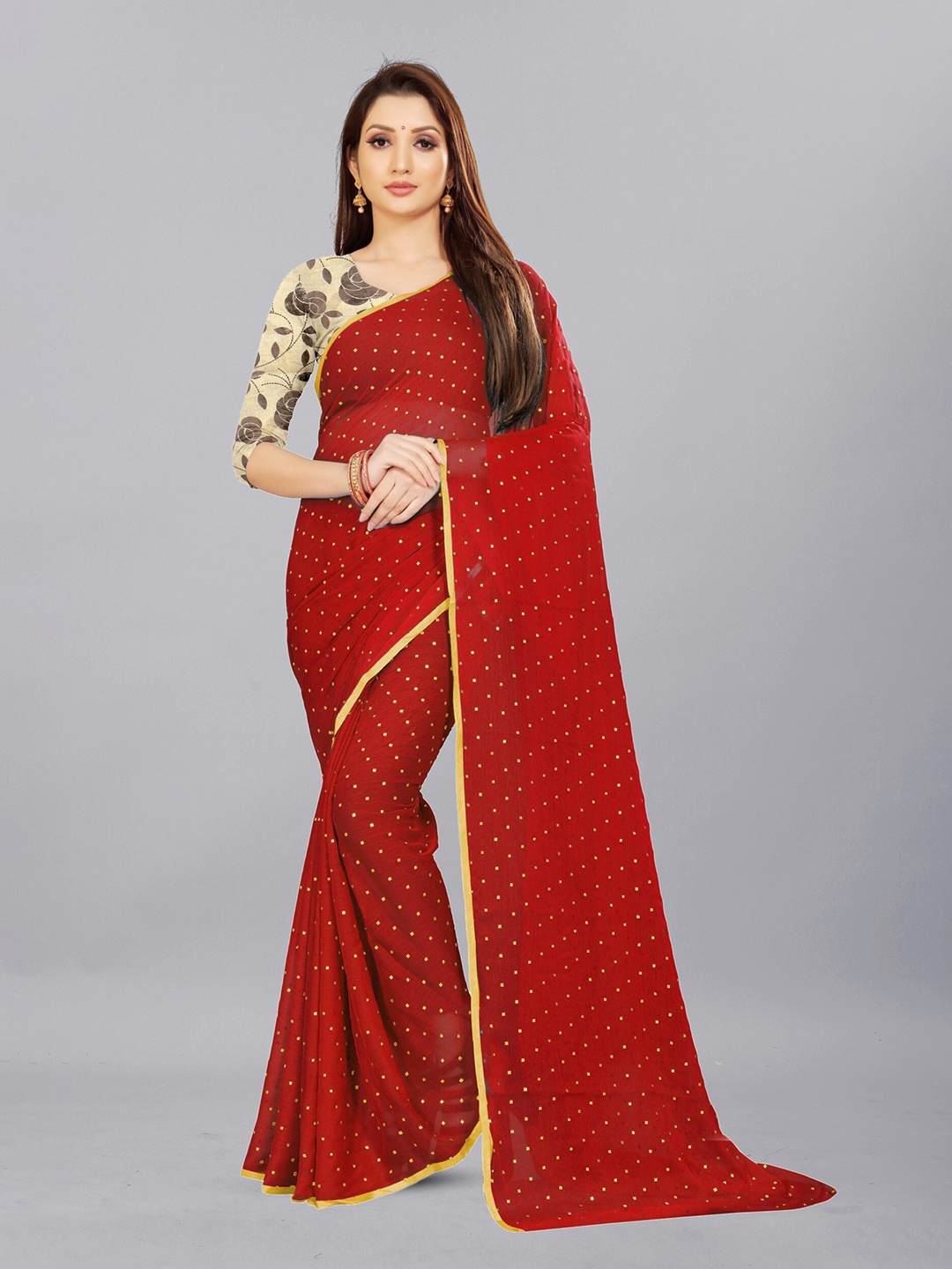 

Aardiva Polka Dots Pure Chiffon Saree, Red