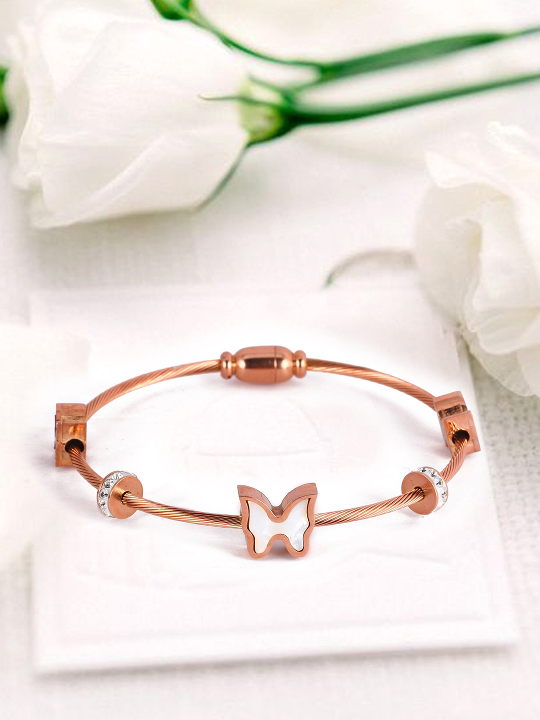 

MEENAZ Stainless Steel American Diamond Rose Gold Plated Kada Bracelet