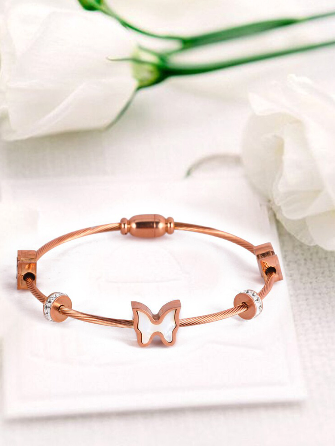 

MEENAZ Rose Gold-Plated American Diamond-Studded Stainless Steel Kada Bracelet