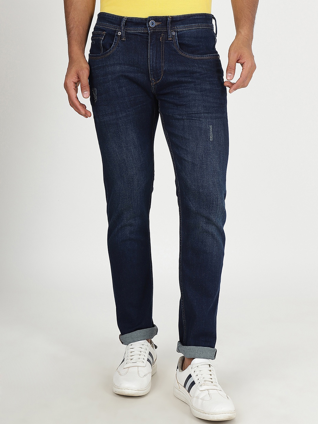 

JADE BLUE Men Slim Fit Low Distress Stretchable Jeans, Navy blue