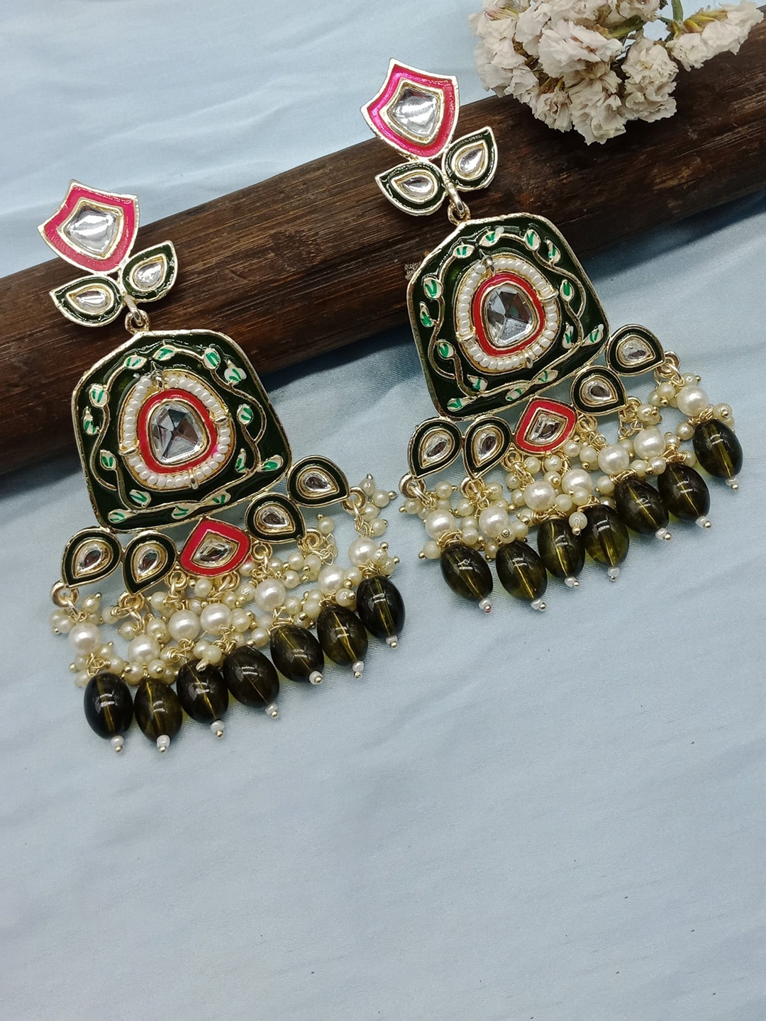 

AASHISH IMITATION Gold-Plated Stone-Studded & Beaded Square Meenakari Drop Earrings