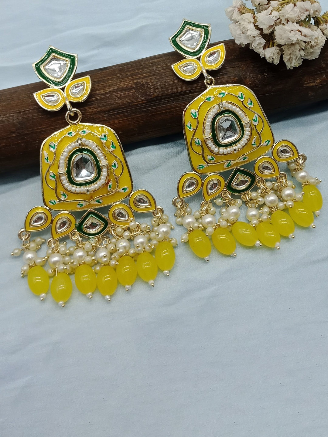 

AASHISH IMITATION Gold-Plated Stoned-Studded & Beaded Square Meenakari Drop Earrings