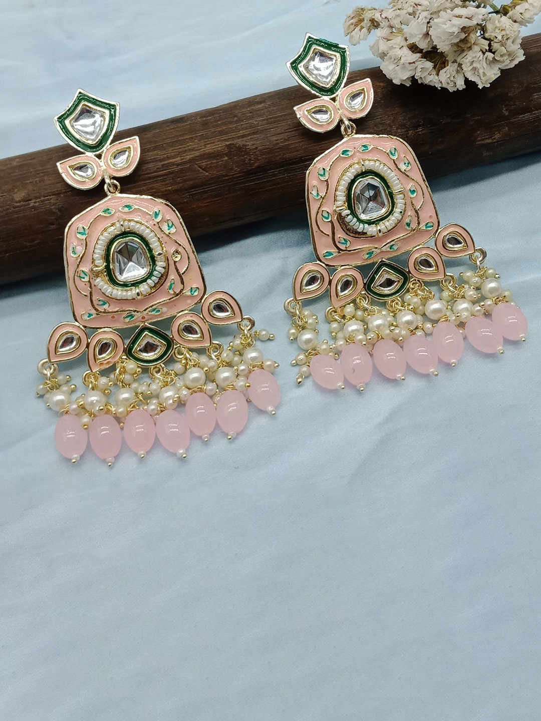 

AASHISH IMITATION Gold-Plated Stone-Studded & Beaded Square Meenakari Drop Earrings