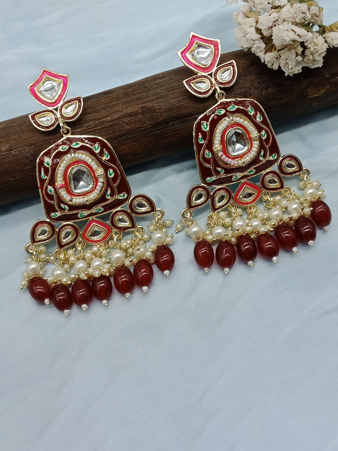 

AASHISH IMITATION Gold-Plated Stoned-Studded & Beaded Square Meenakari Drop Earrings