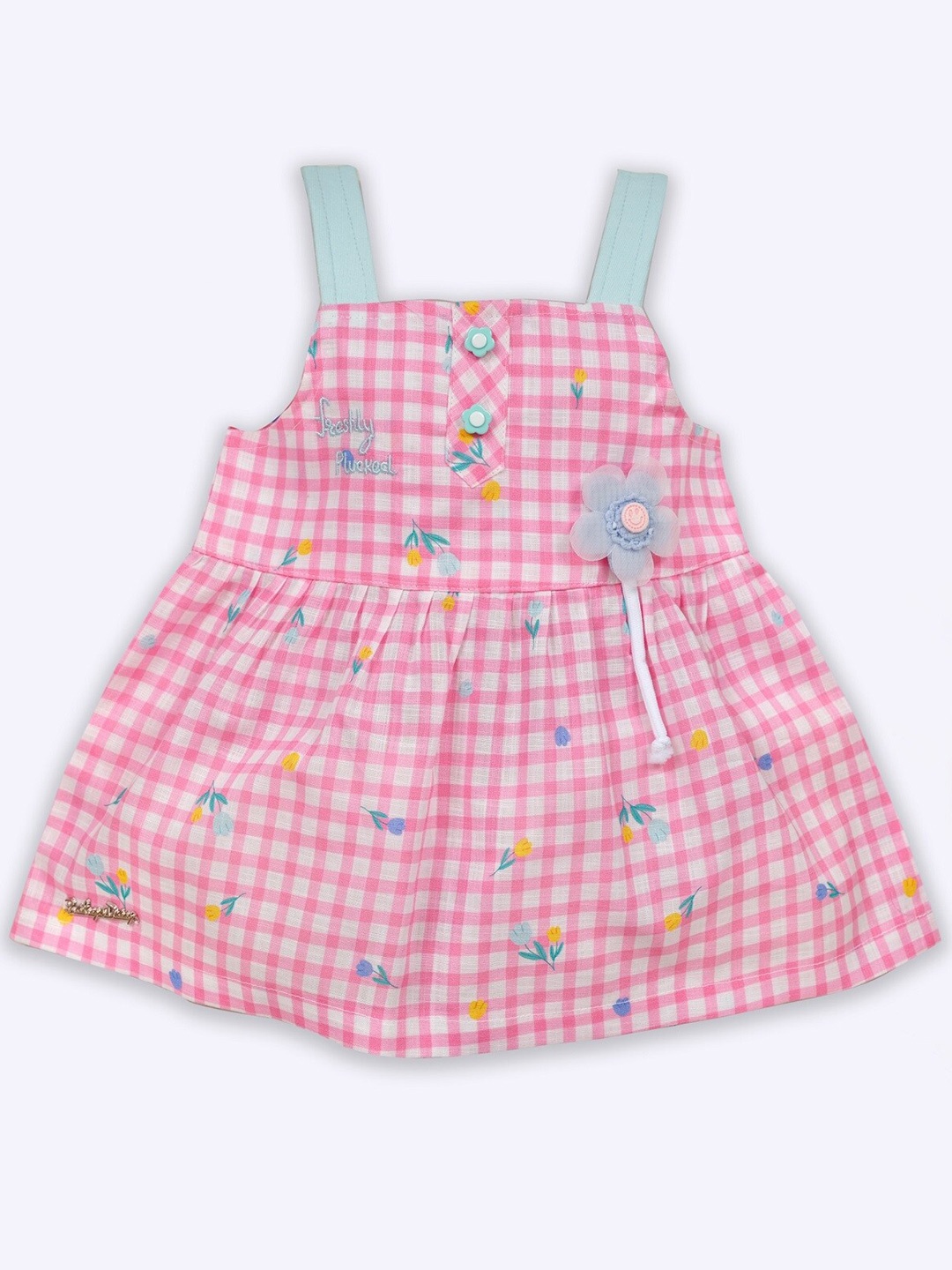 

Babys Day Girls Checked Shoulder Straps Cotton Fit & Flare Dress With Panty, Peach