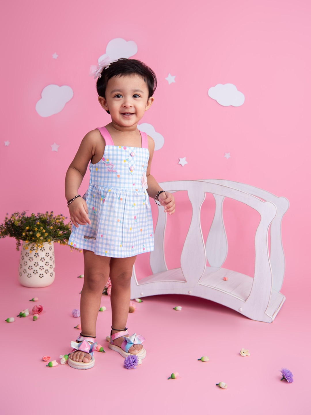 

Babys Day Girls Checked Shoulder Straps Cotton Fit & Flare Dress With Panty, Blue