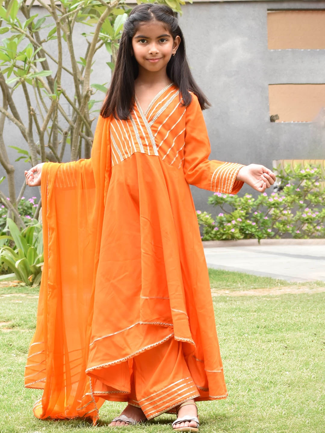 

misbis Girls Striped Yoke or Border Gotta Patti Anarkali Kurta with Palazzos & Dupatta, Orange