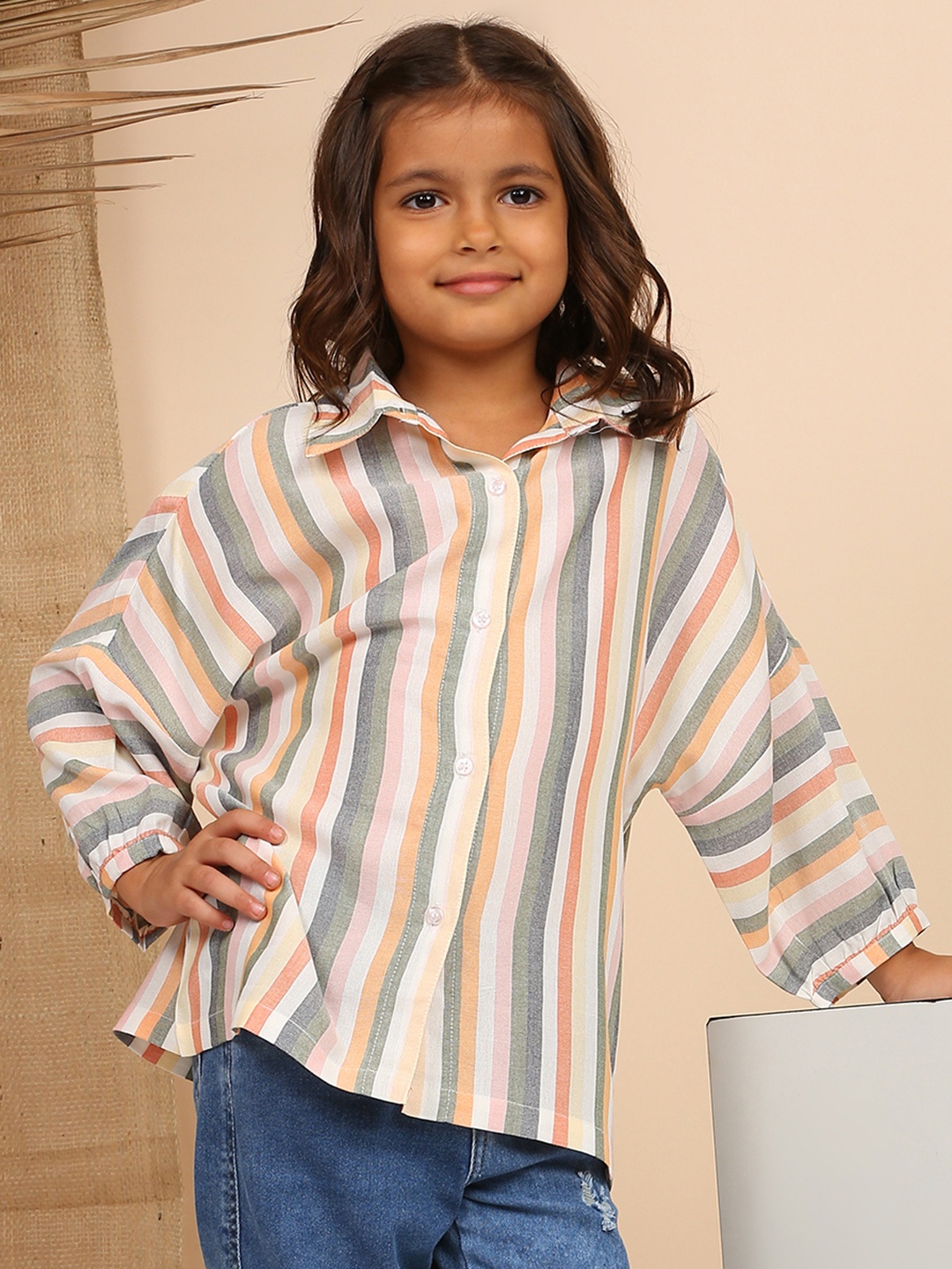 

My Milestones Girls Striped Spread Collar Long Cotton Sleeves Cotton Casual Shirt, Grey