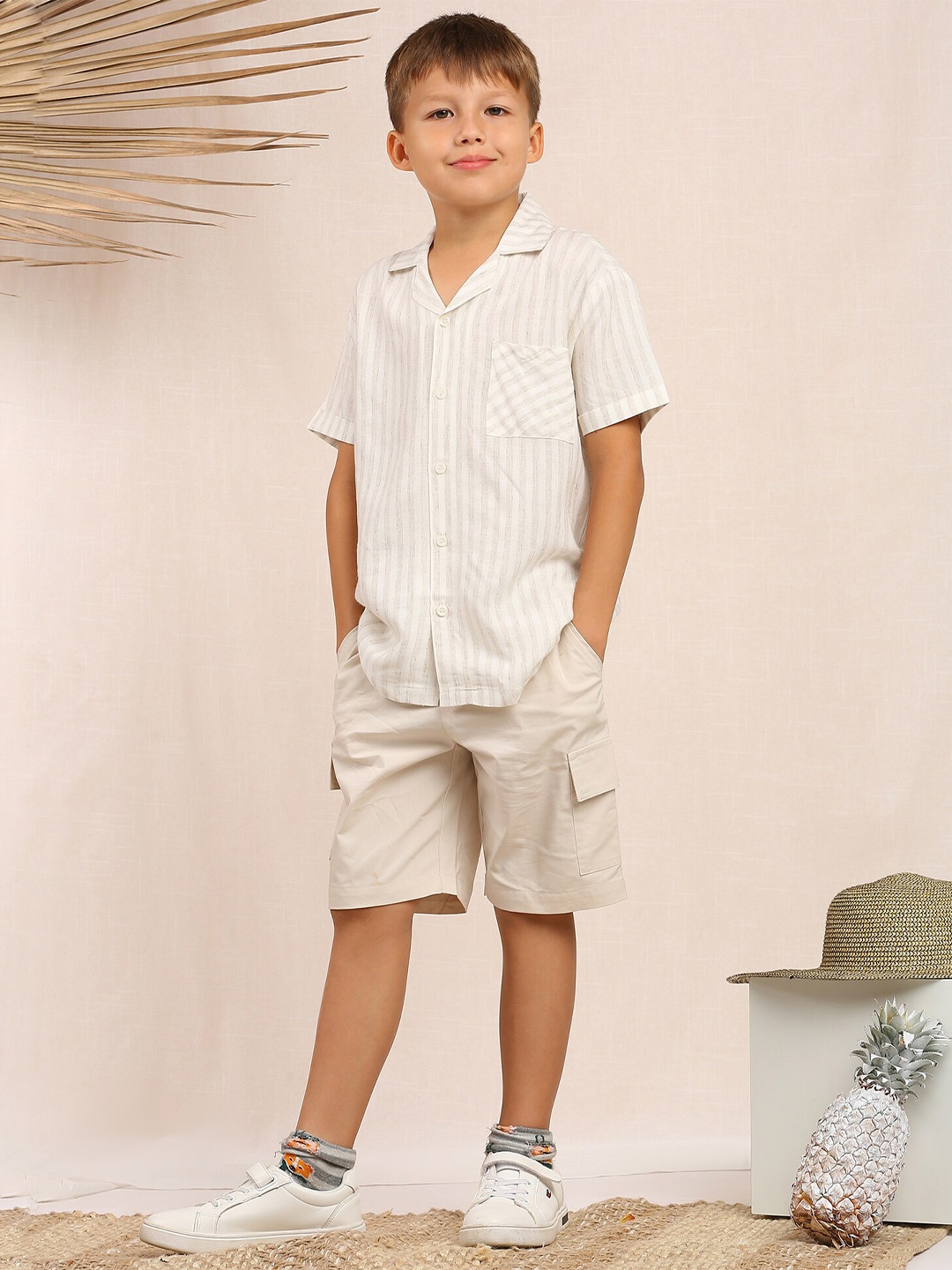 

My Milestones Boys Shirt Collar Short Sleeves Striped Oversized Casual Shirt, Off white