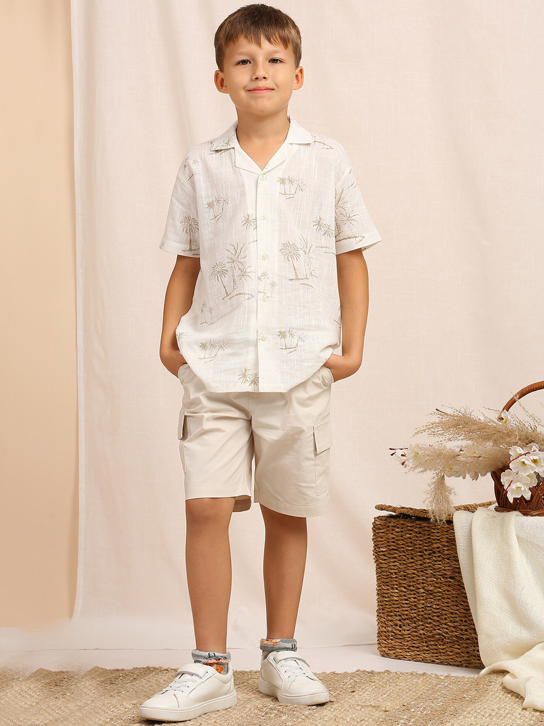 

My Milestones Boys Conversational Printed Spread Collar Curved Cotton Casual Shirt, Off white