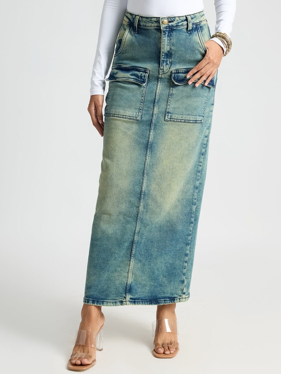 

FREAKINS Straight Utility Pocket Denim Maxi Skirt, Blue