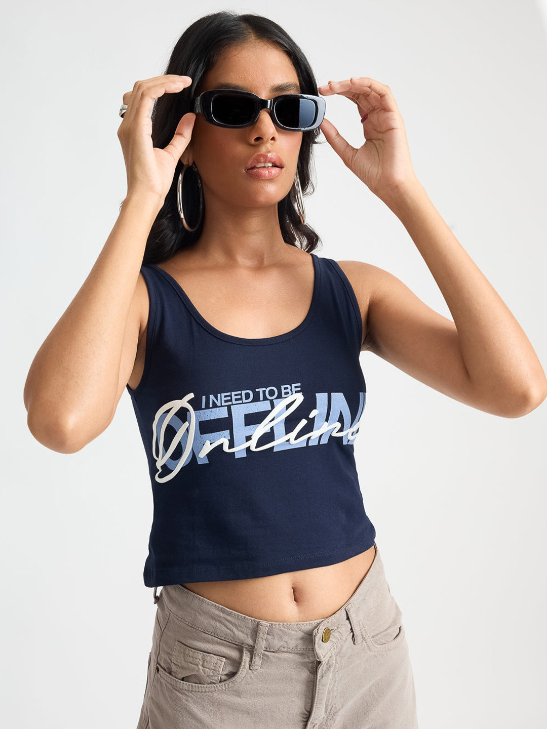 

FREAKINS Typography Print Scoop Neck Cotton Tank Top, Blue