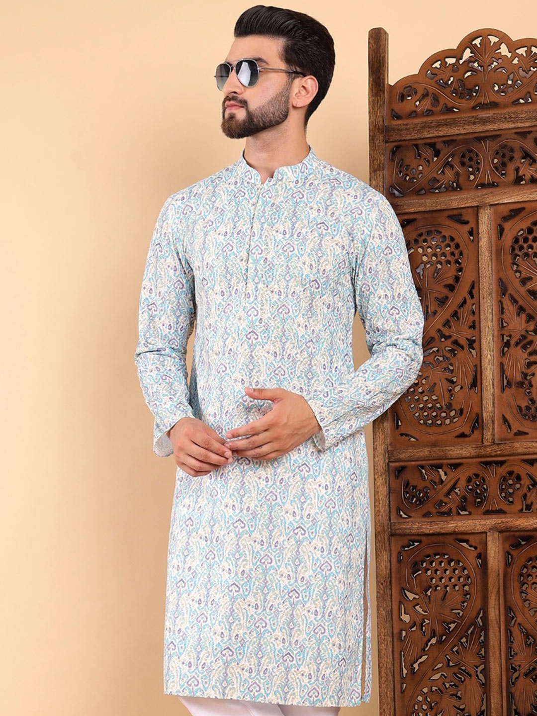 

Ethnic Bay Ethnic Motifs Printed Mandarin Collar Long Sleeves Kurta, Teal