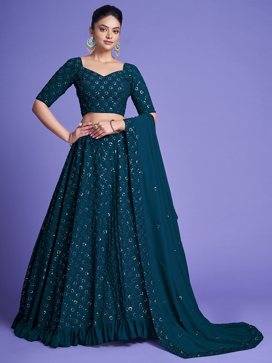 

Fashionuma Embroidered Sequinned Ready to Wear Lehenga & Semi-Stitched Blouse With Dupatta, Turquoise blue