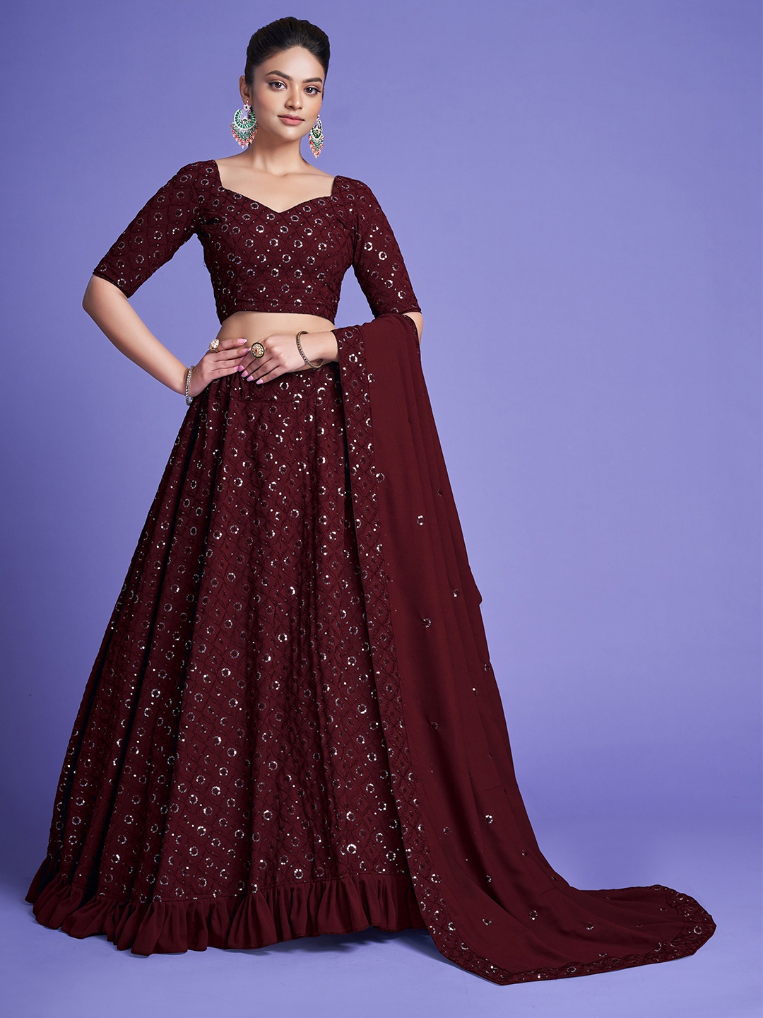 

Fashionuma Embroidered Sequinned Ready to Wear Lehenga & Semi-Stitched Blouse With Dupatta, Maroon