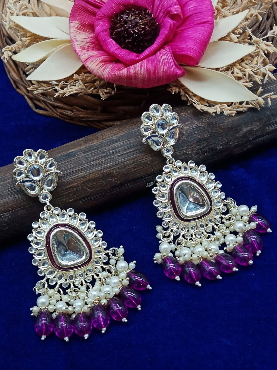 

AASHISH IMITATION Gold-Plated Stoned-Studded & Beaded Square Meenakari Drop Earrings