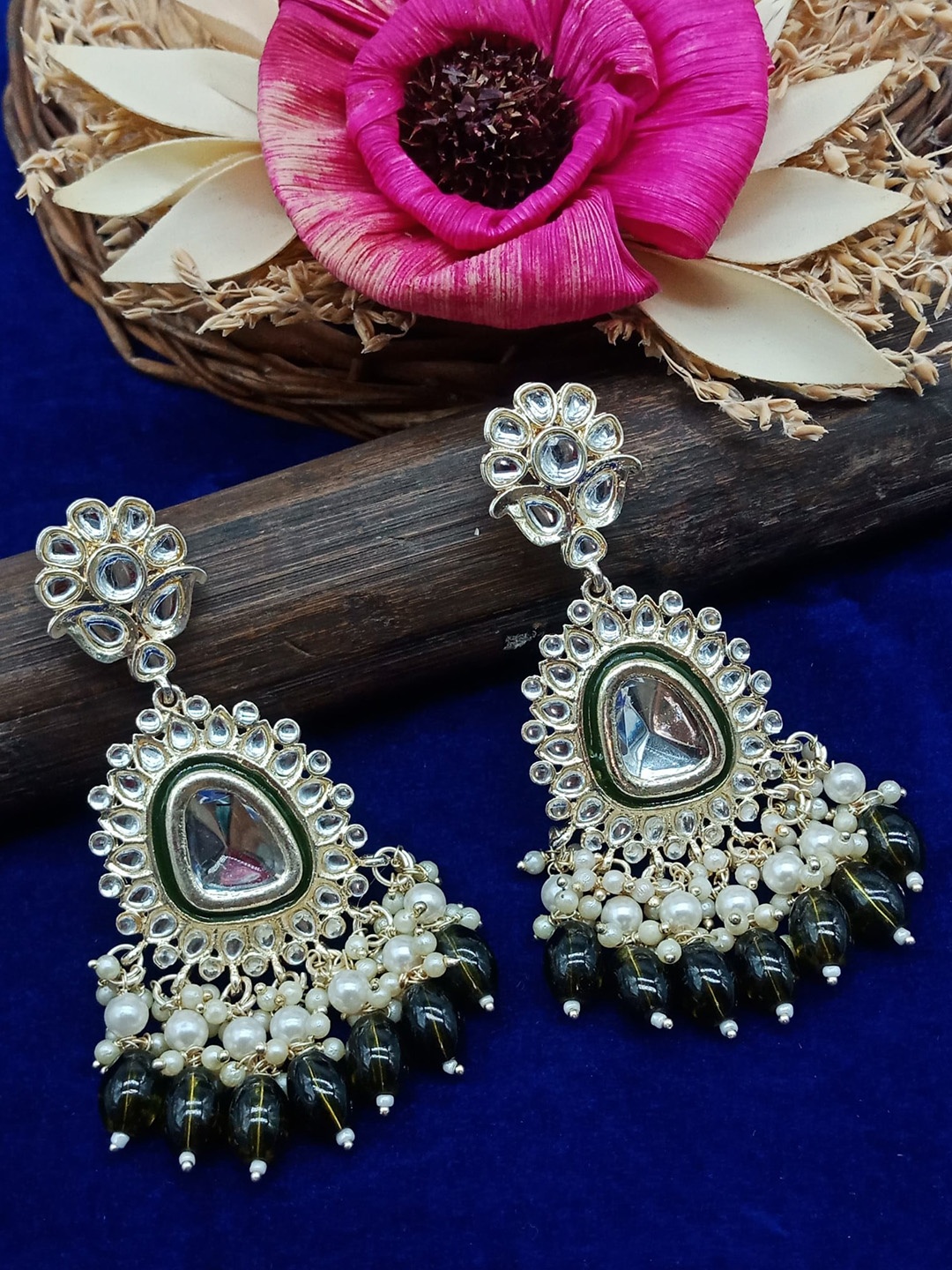 

AASHISH IMITATION Gold-Plated Stoned-Studded & Beaded Square Meenakari Drop Earrings