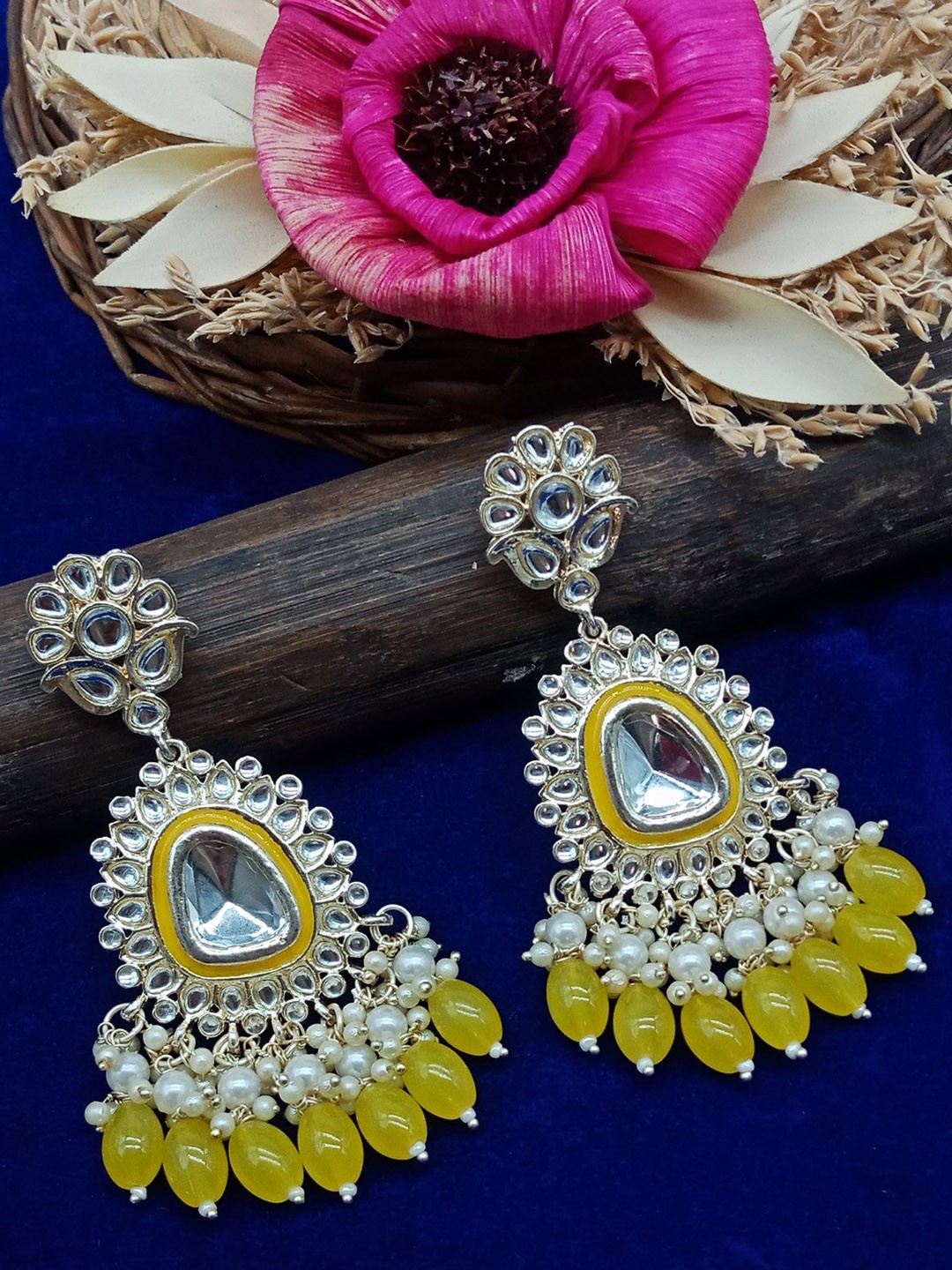 

AASHISH IMITATION Gold-Plated Stoned-Studded & Beaded Square Meenakari Drop Earrings