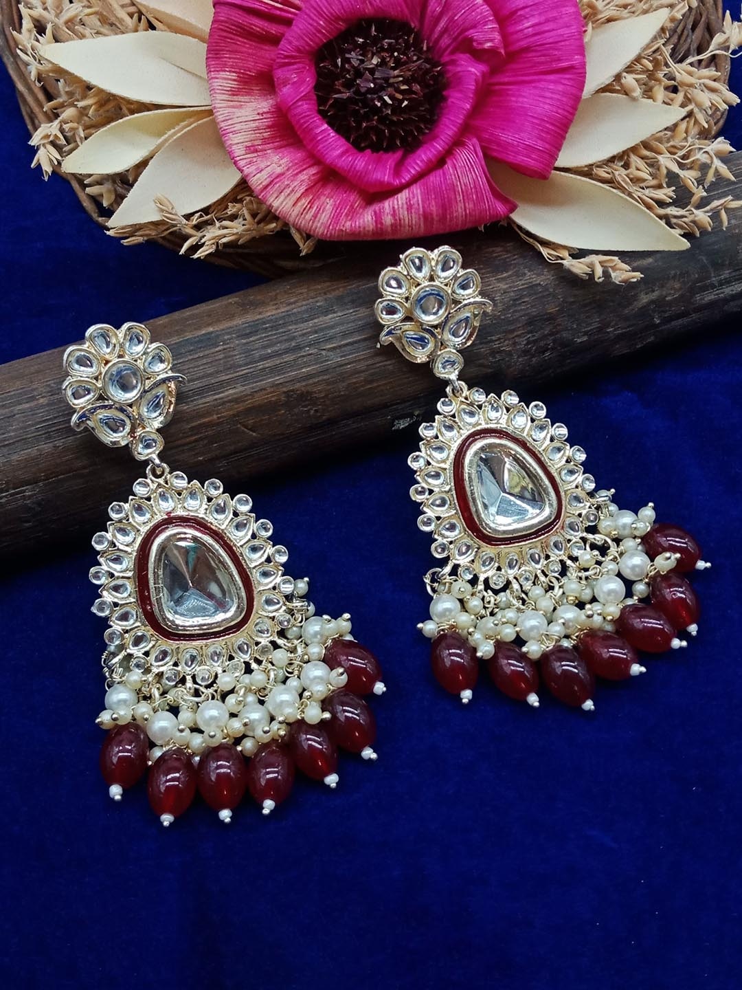 

AASHISH IMITATION Gold-Plated Stoned-Studded & Beaded Square Meenakari Drop Earrings