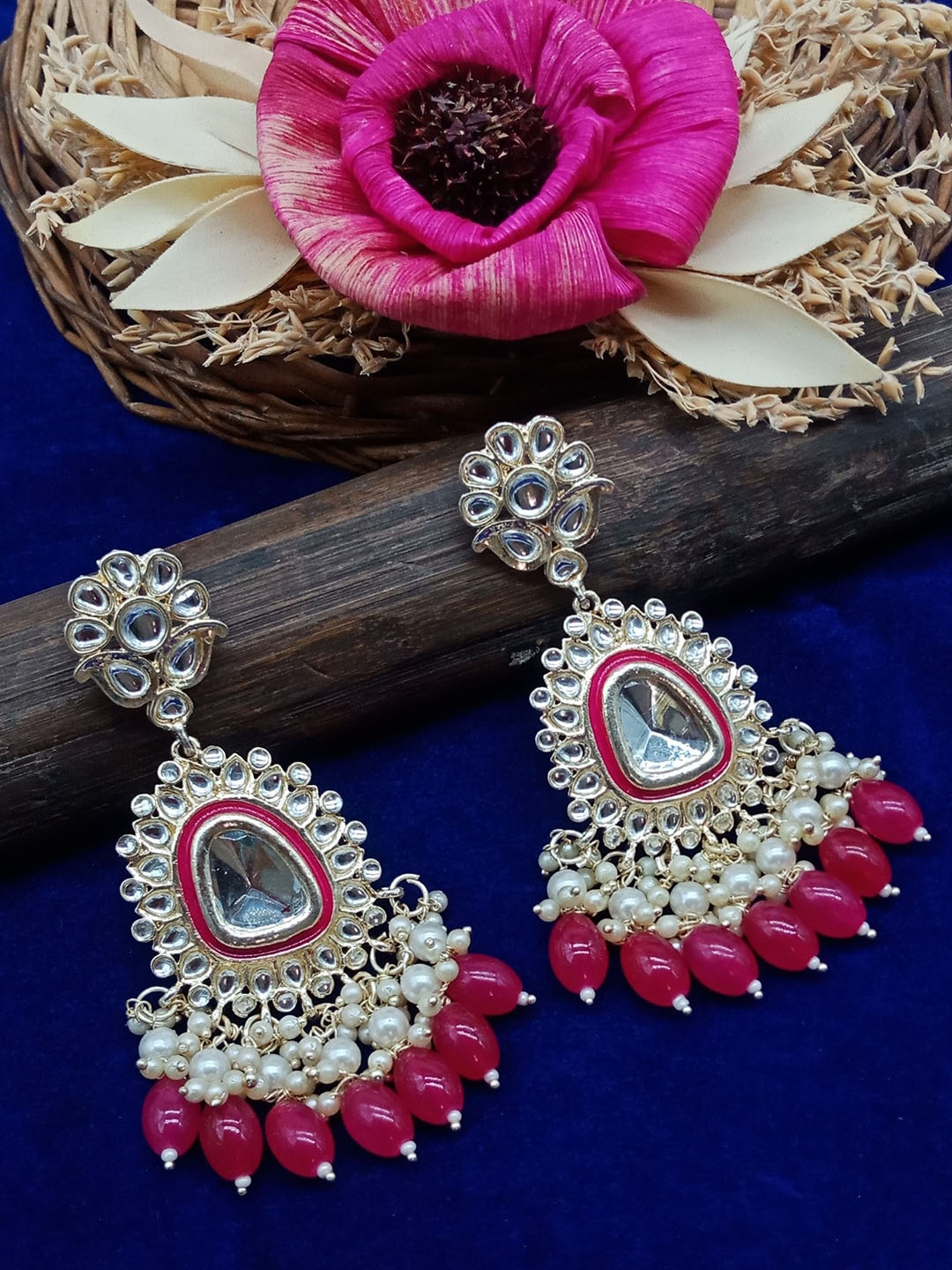 

AASHISH IMITATION Gold-Plated Stoned-Studded & Beaded Square Meenakari Drop Earrings