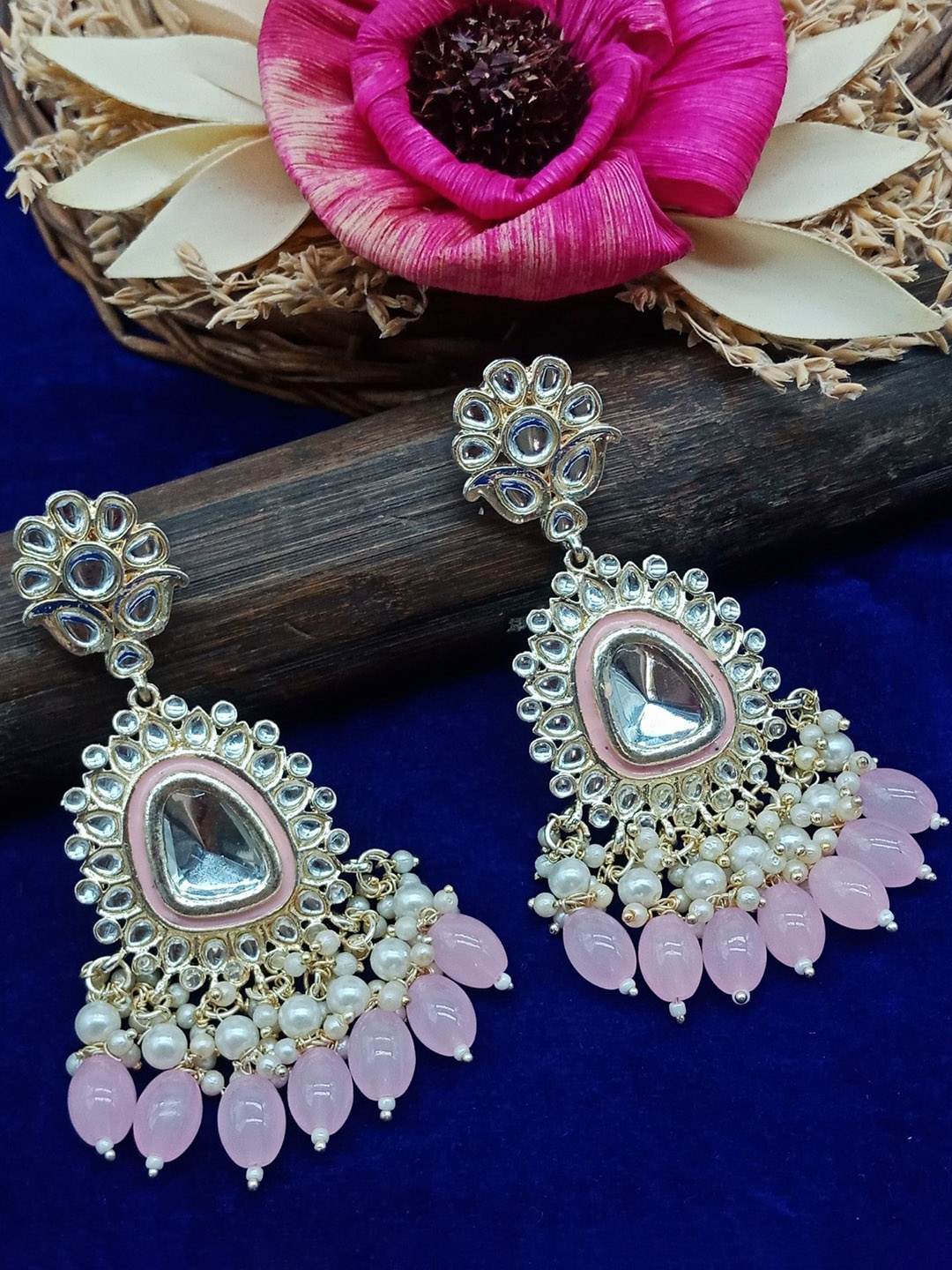 

AASHISH IMITATION Gold-Plated Stoned-Studded & Beaded Square Meenakari Drop Earrings