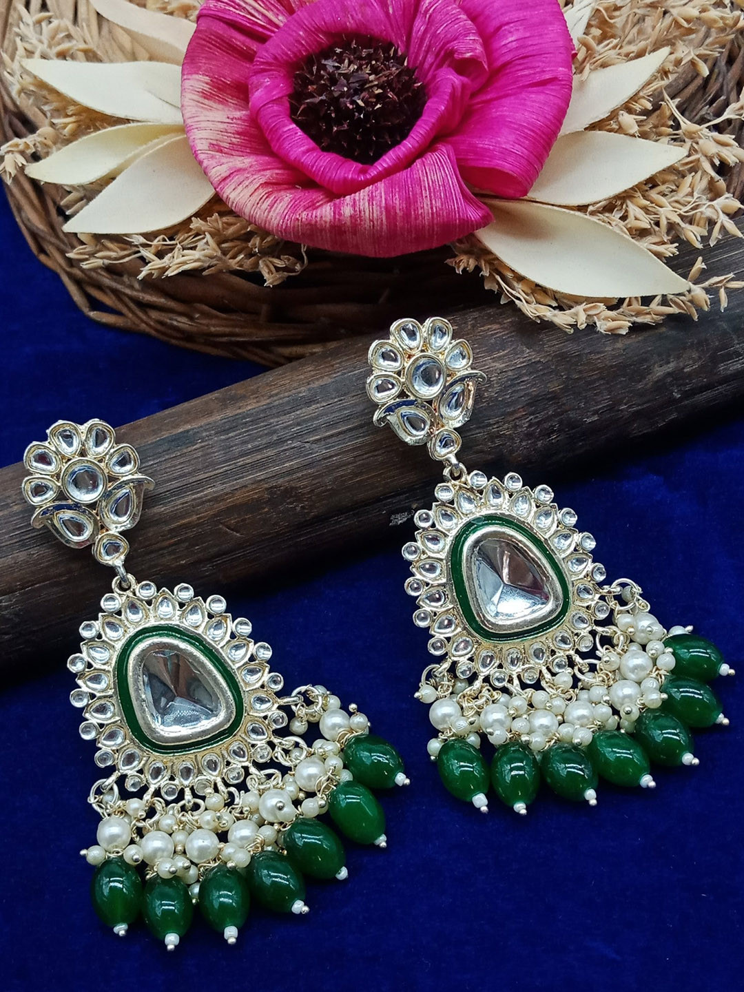 

AASHISH IMITATION Gold-Plated Stoned-Studded & Beaded Square Meenakari Drop Earrings, Green