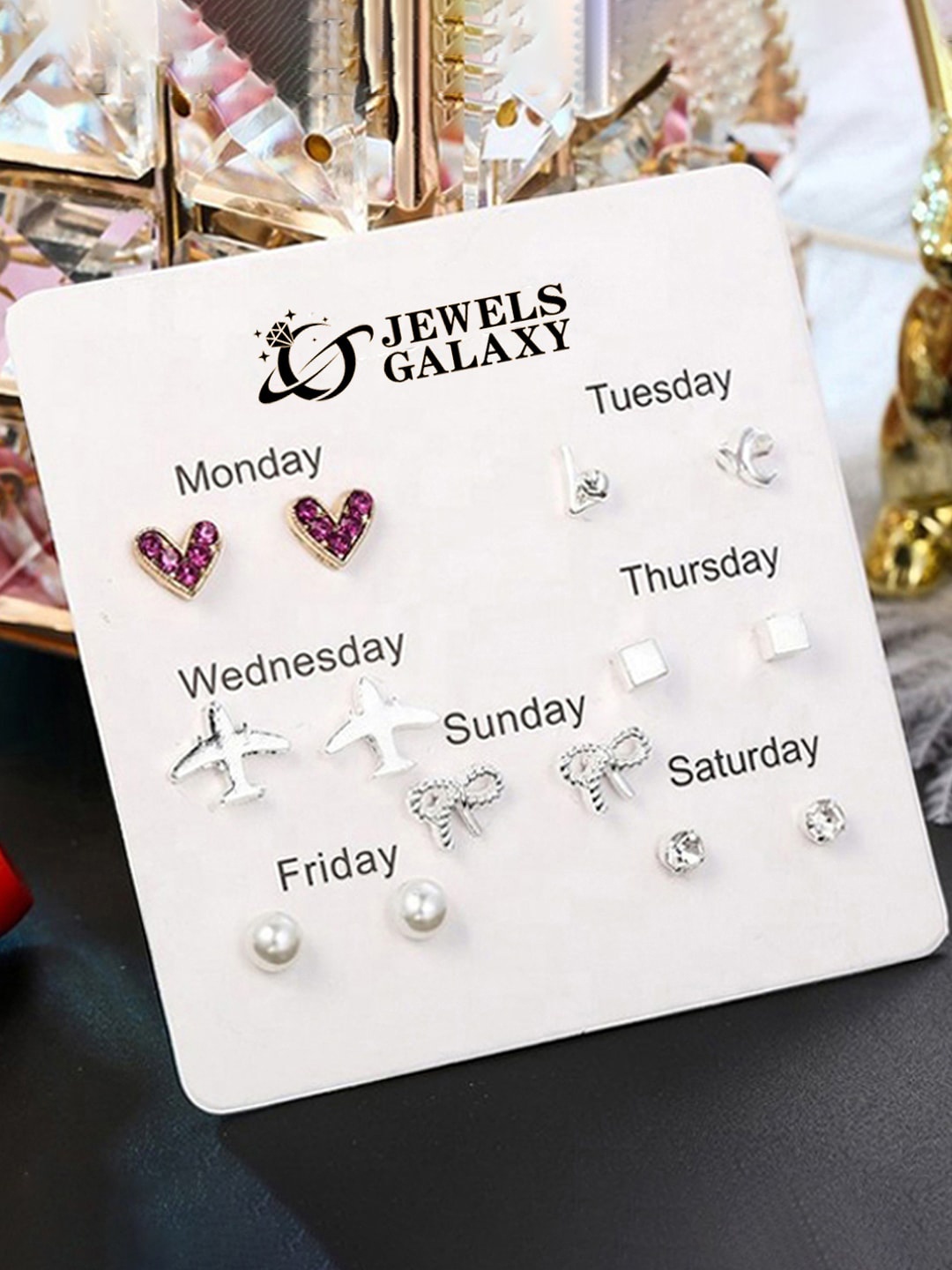 

Jewels Galaxy Set Of 7 Contemporary Studs Earrings, Silver