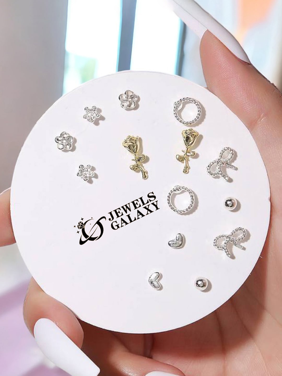 

Jewels Galaxy Set Of 7 Silver-Plated Crystals Studded Studs Earrings, Gold