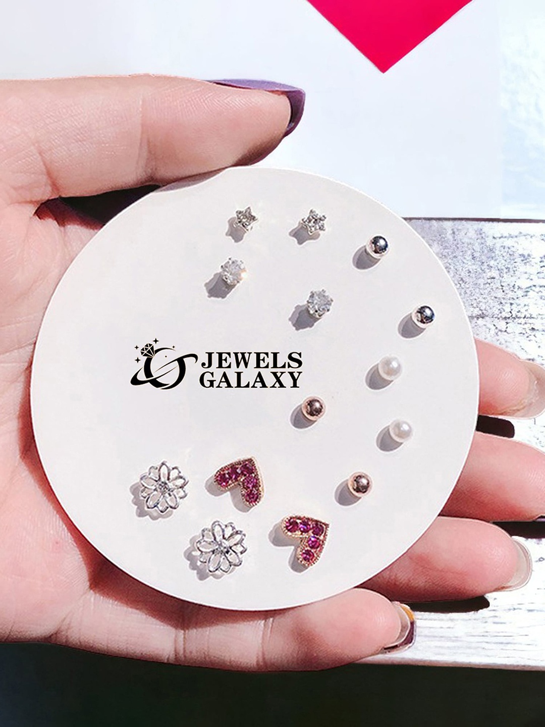 

Jewels Galaxy Set Of 7 Silver-Plated Crystals Studded Studs Earrings