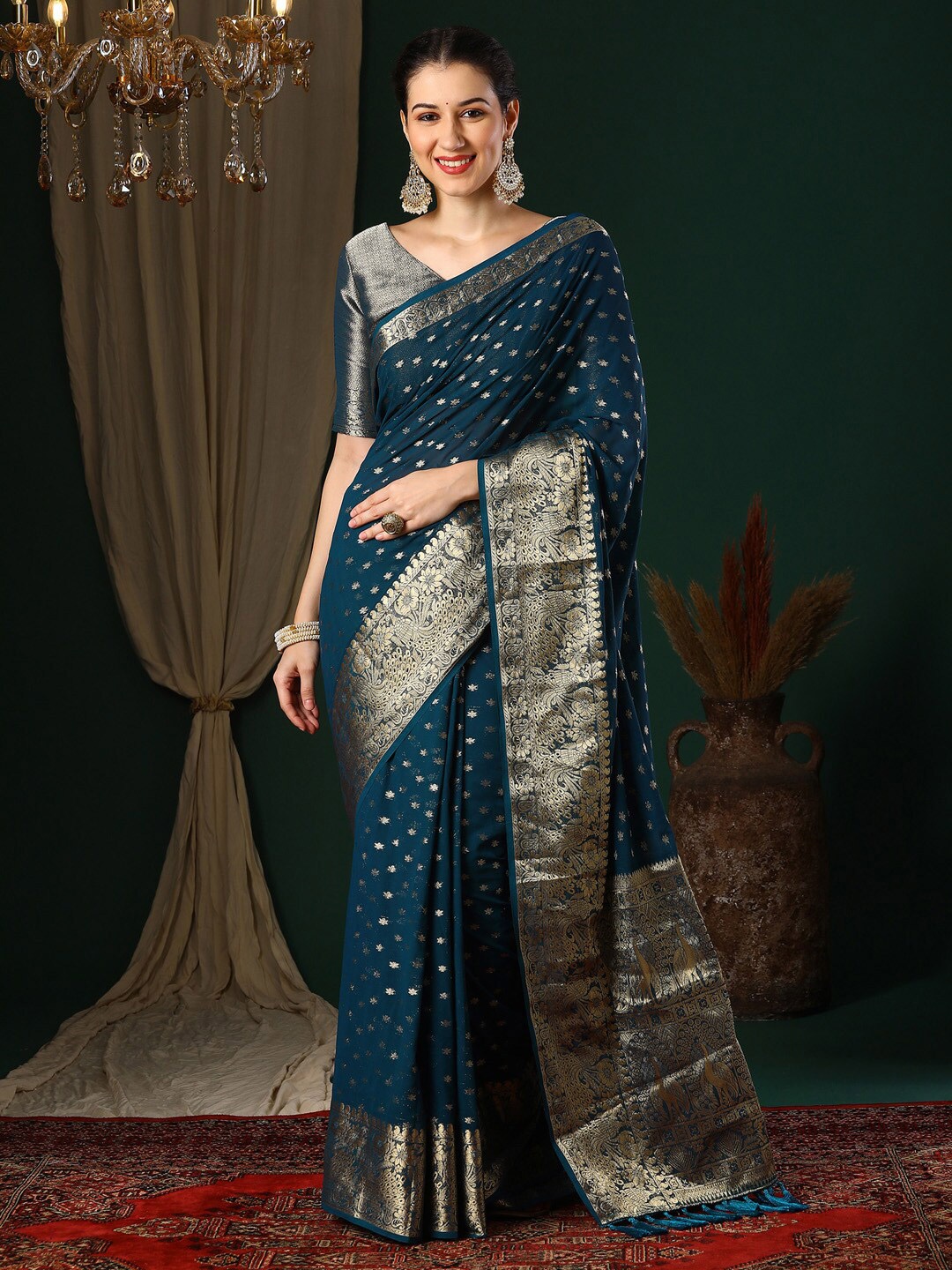 

Anouk Teal & Gold-Toned Ethnic Motifs Woven Design Zari Pure Georgette Kanjeevaram Saree
