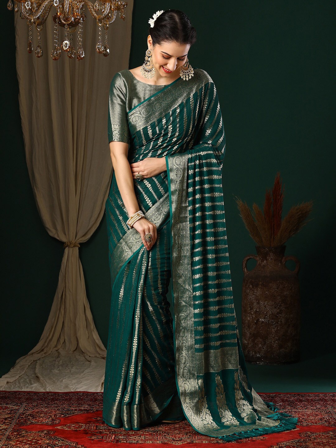 

Anouk Teal Striped Pure Georgette Zari Kanjeevaram Saree