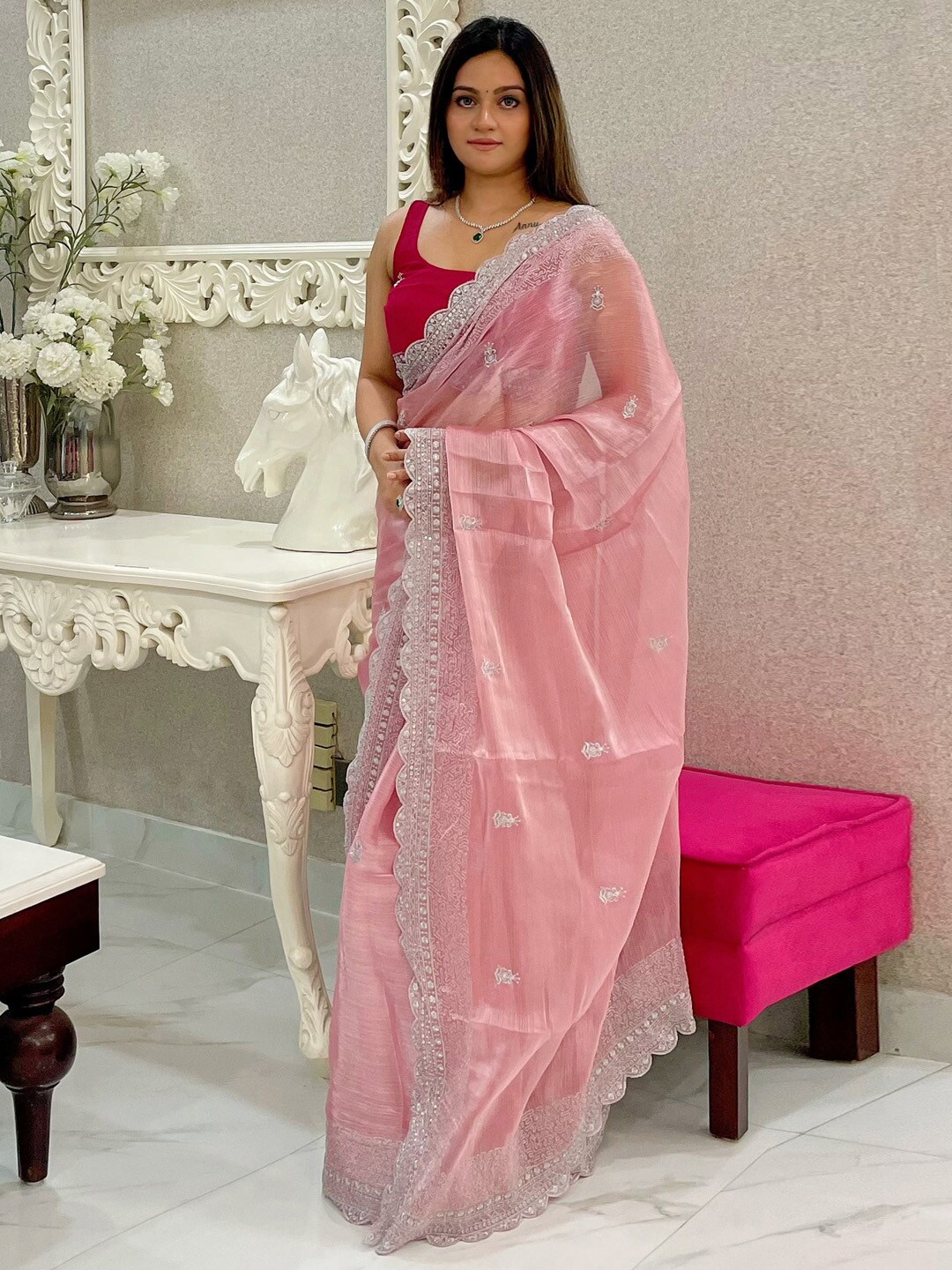 

Anouk Ethnic Motifs Embellished Sequinned Organza Saree, Peach