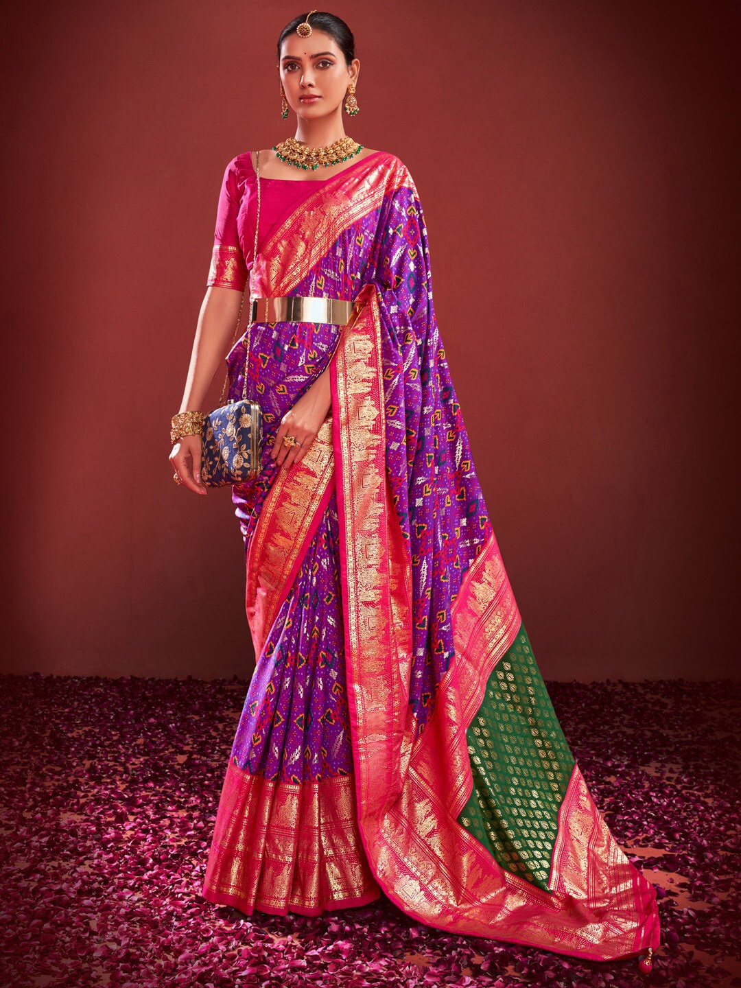 

Anouk Purple Ethnic Motifs Silk Blend Zari Pochampally Saree