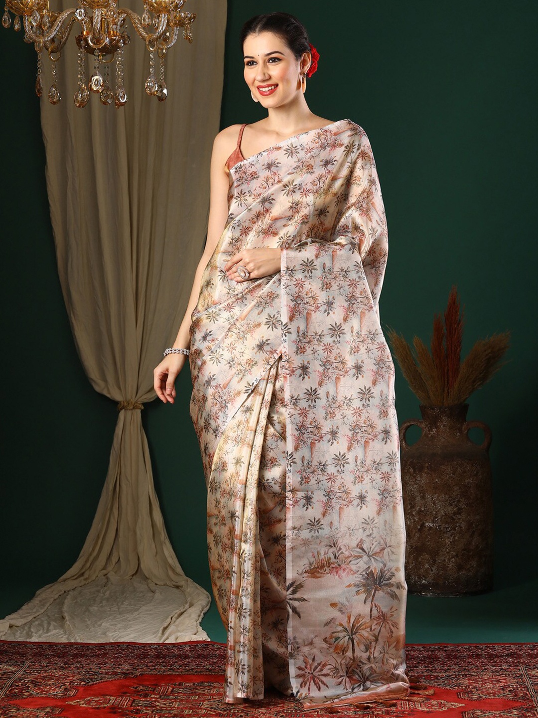 

Anouk Cream-Coloured Floral Printed Organza Saree