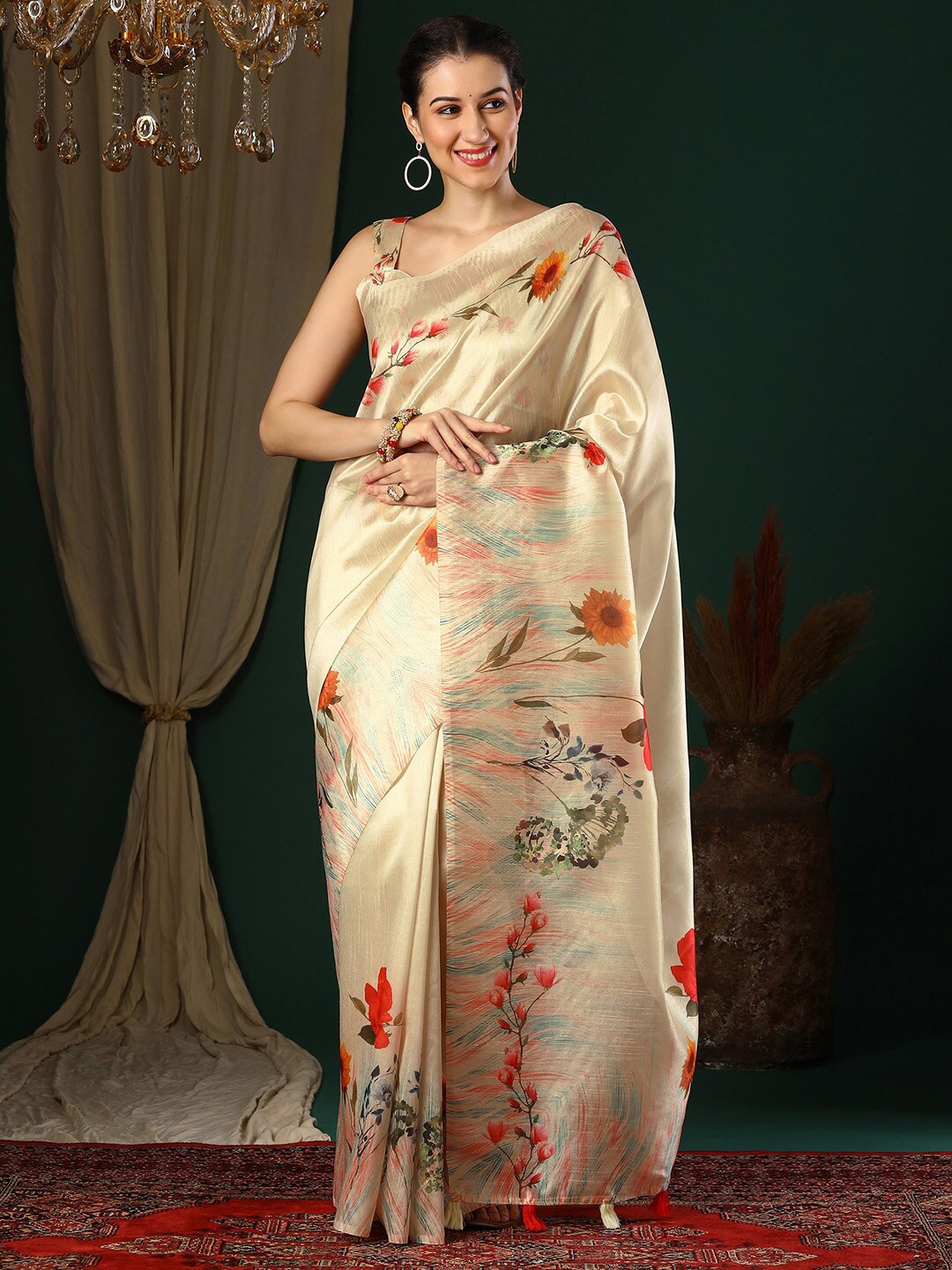 

Anouk Floral Printed Art Silk Saree, Cream