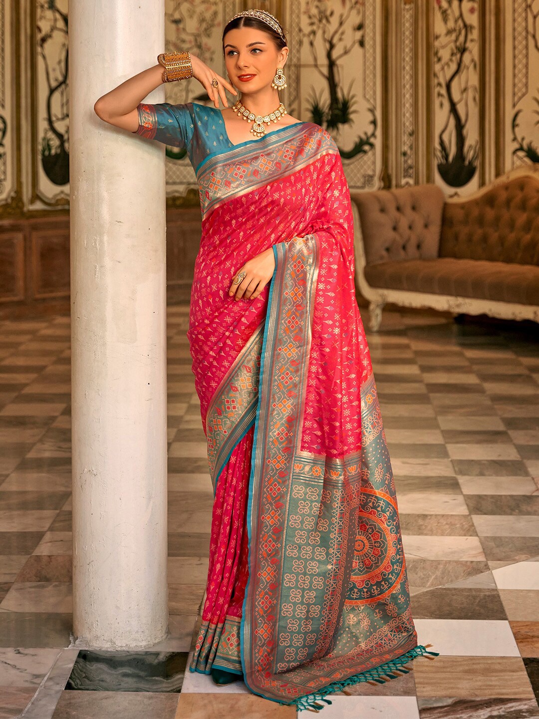 

Anouk Pink Ethnic Motifs Woven Design Zari Banarasi Saree