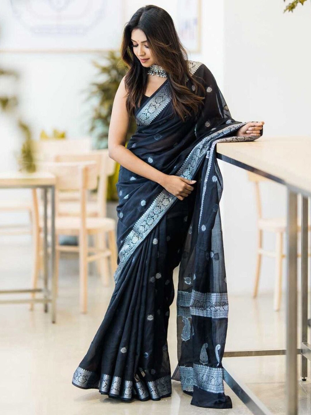 

Anouk Black Ethnic Motifs Woven Design Zari Banarasi Saree