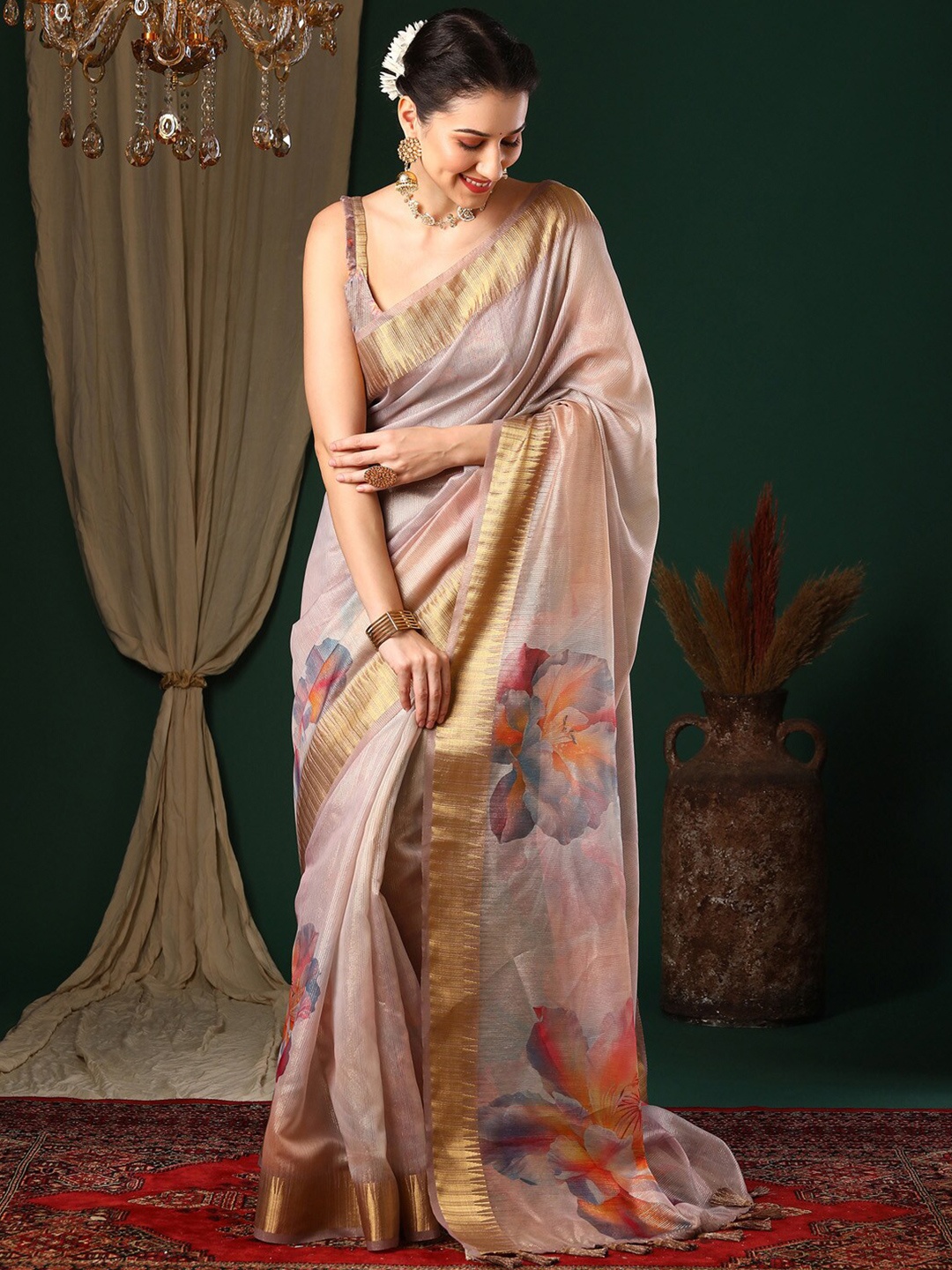 

Anouk Abstract Printed Zari Organza Block Print Saree, Cream