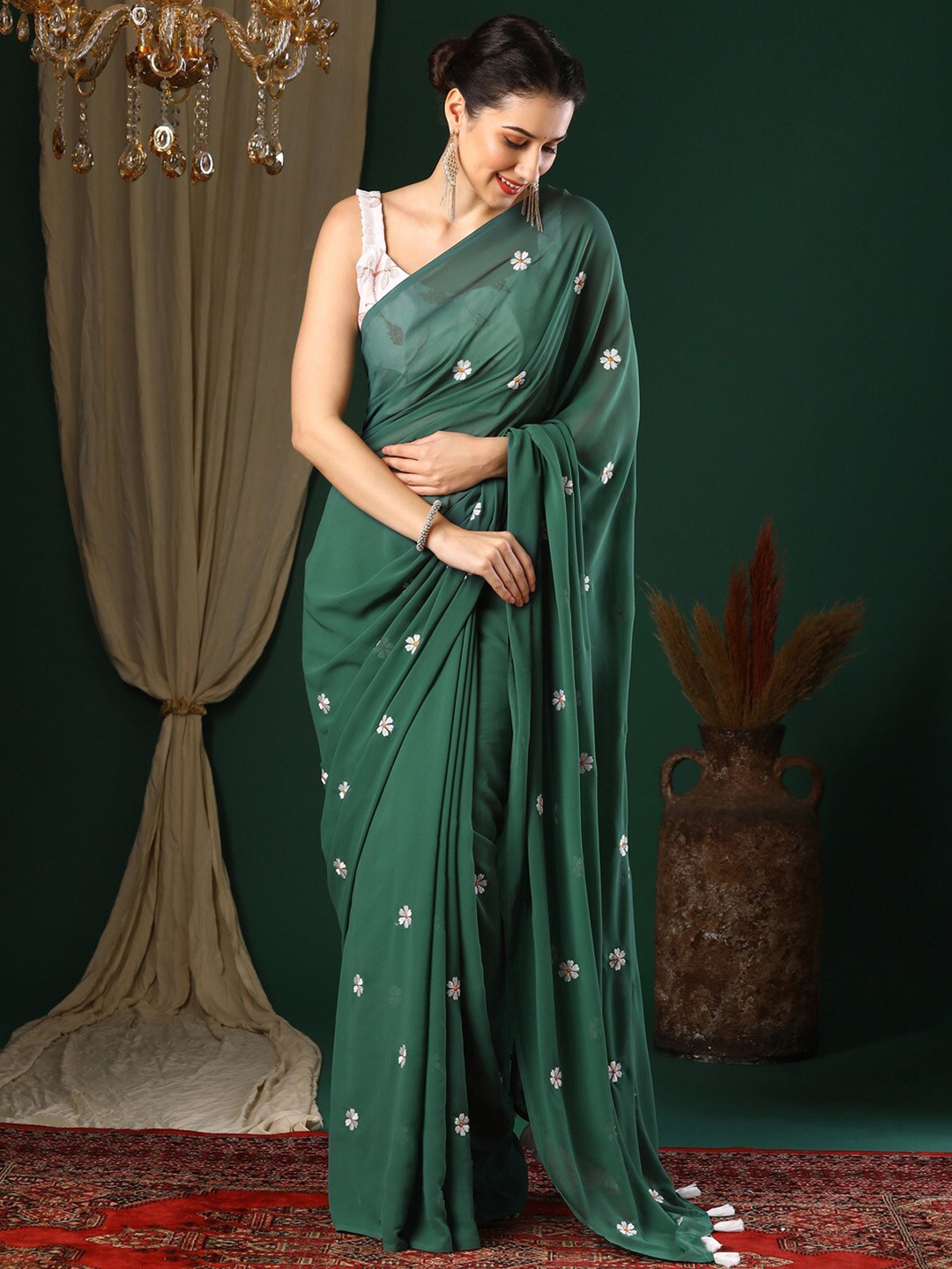 

Anouk Green Floral Embroidered Pure Georgette Saree