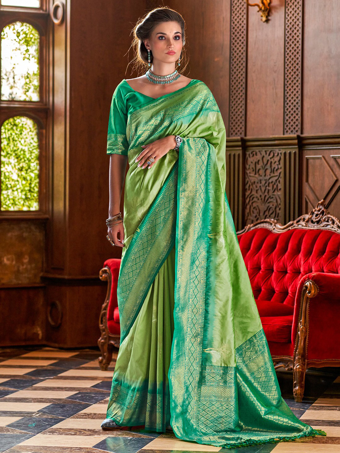 

Anouk Green & Gold-Toned Woven Design Zari Banarasi Saree