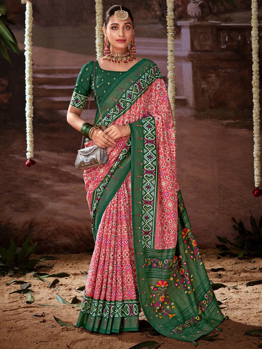 

Anouk Pink & Green Bandhani Printed Woven Design Zari Pochampally Saree