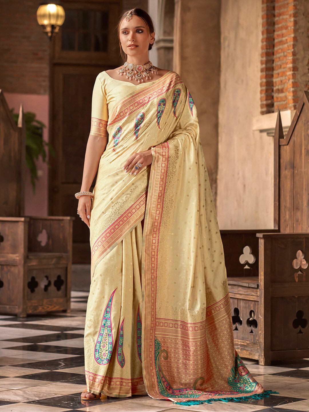 

Anouk Cream Ethnic Motifs Woven Design Zari Banarasi Saree