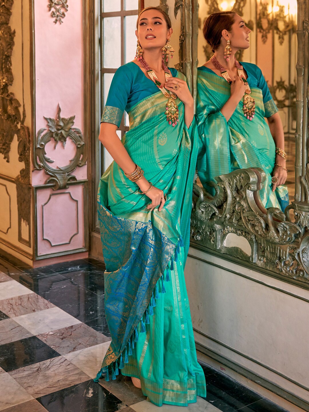 

Anouk Turquoise Blue Ethnic Motifs Woven Design Zari Banarasi Saree