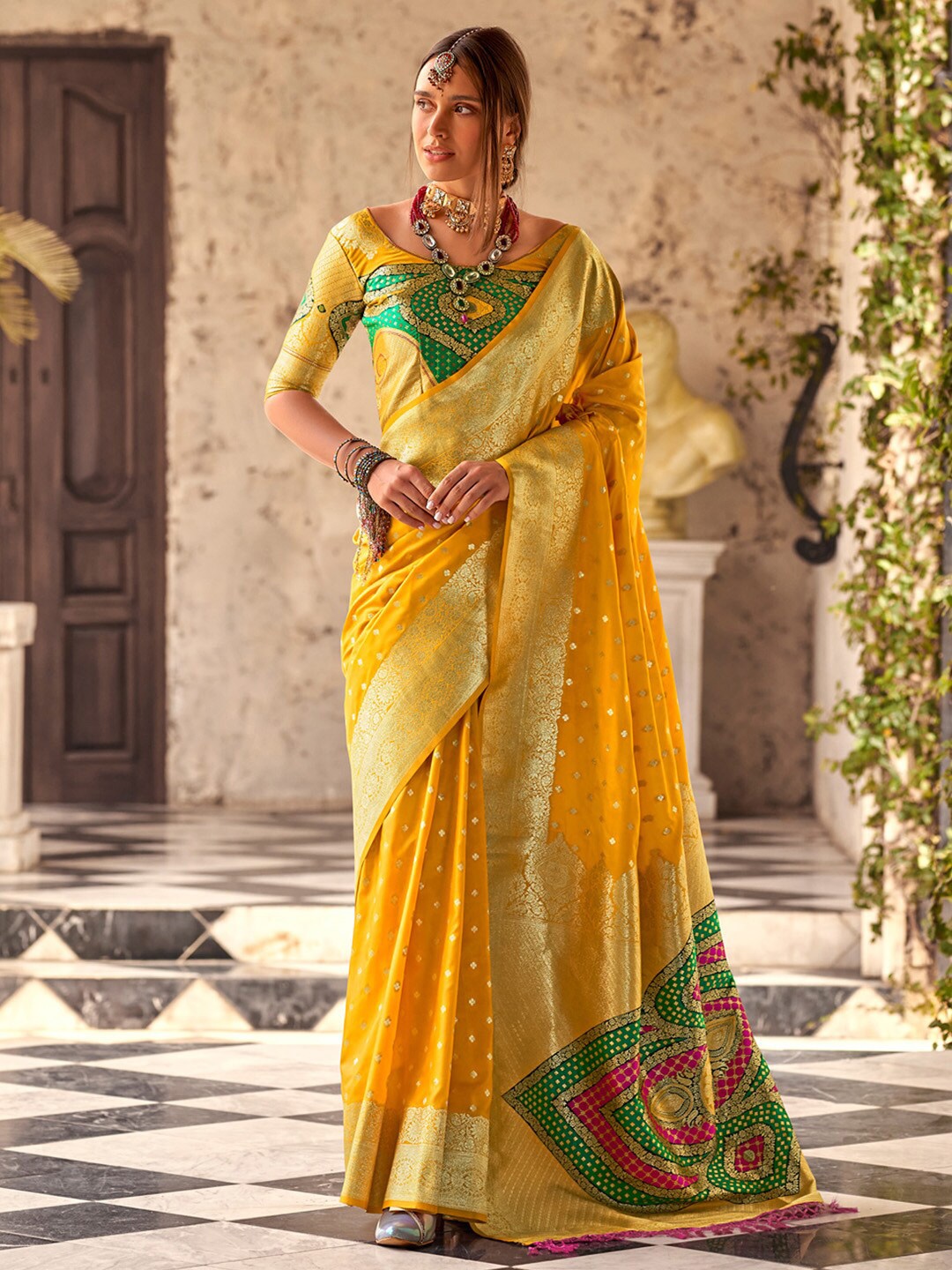 

Anouk Yellow Ethnic Motifs Woven Design Zari Banarasi Saree