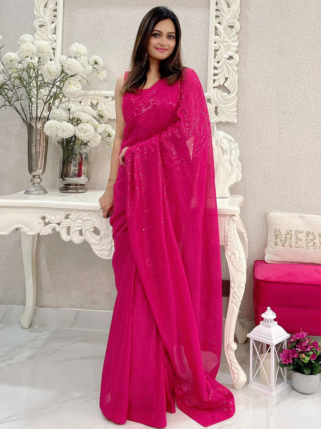 

Anouk Pink Embellished Sequinned Pure Georgette Saree