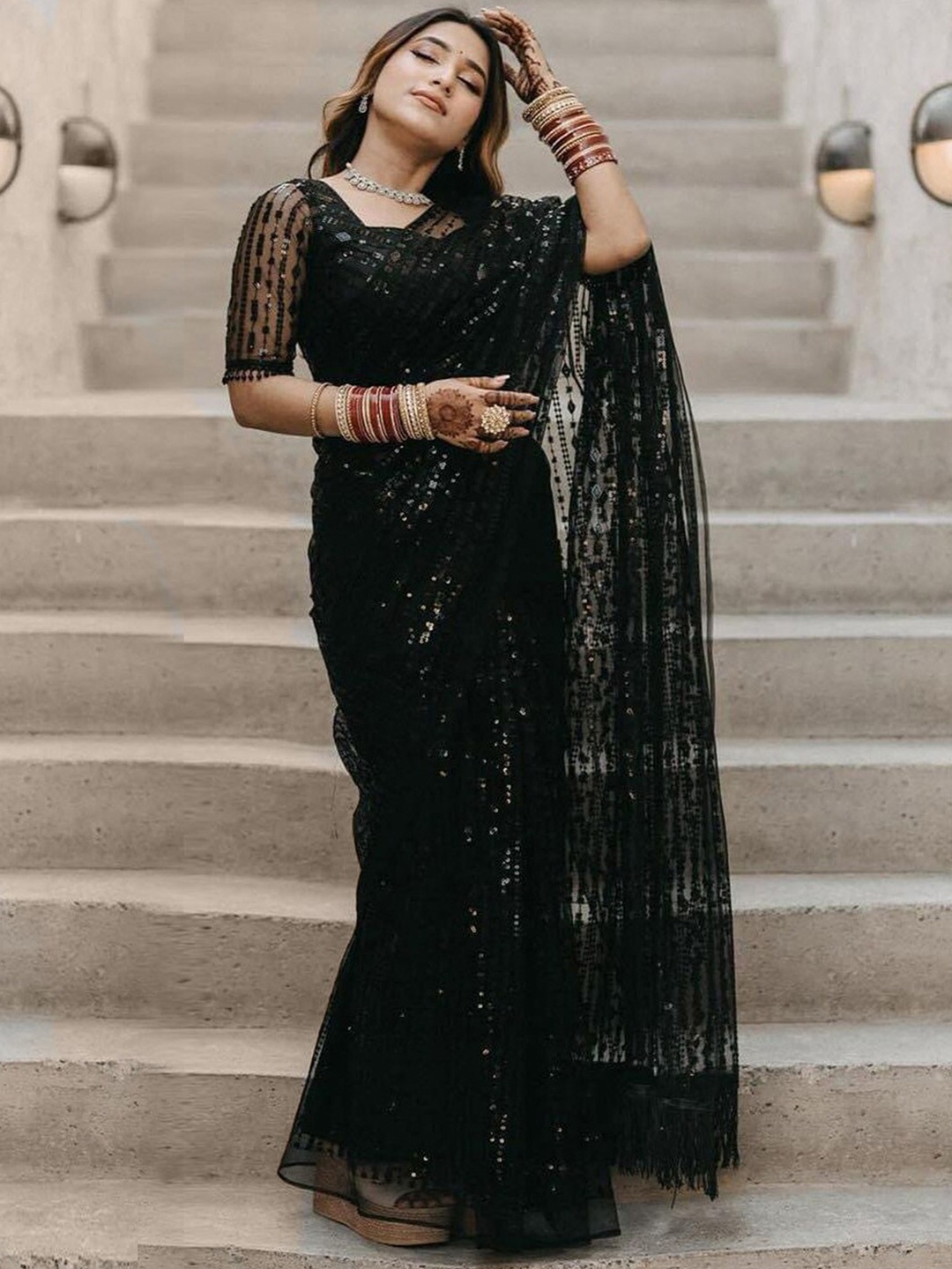 

Anouk Black Embellished Sequinned Net Saree