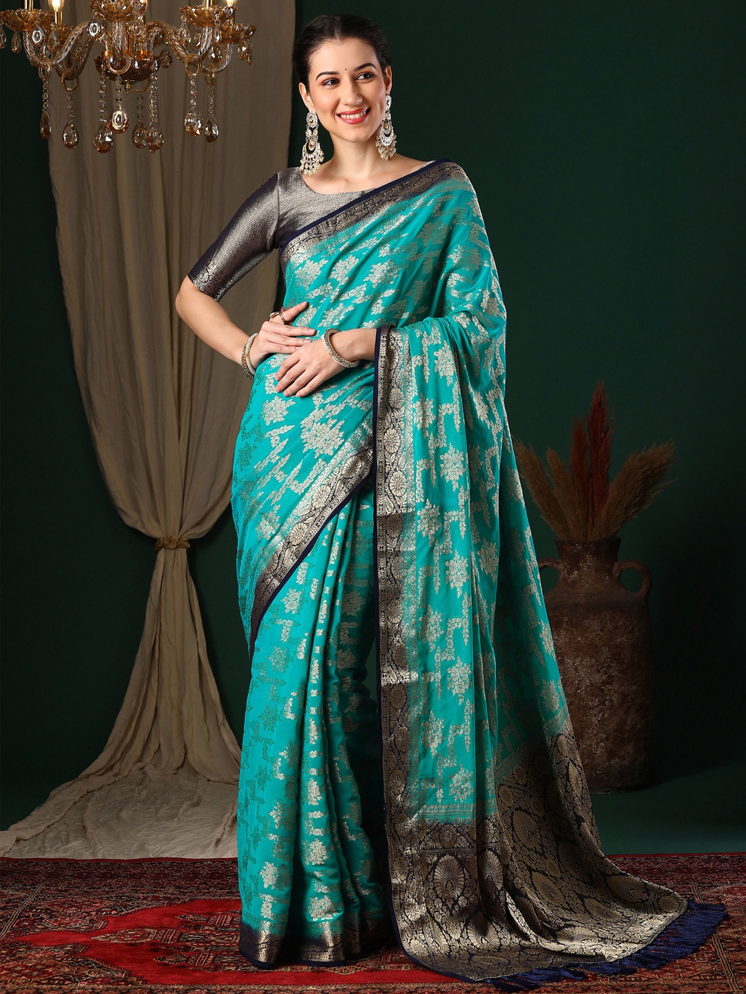 

Anouk Ethnic Motifs Zari Pure Georgette Kanjeevaram Saree, Blue