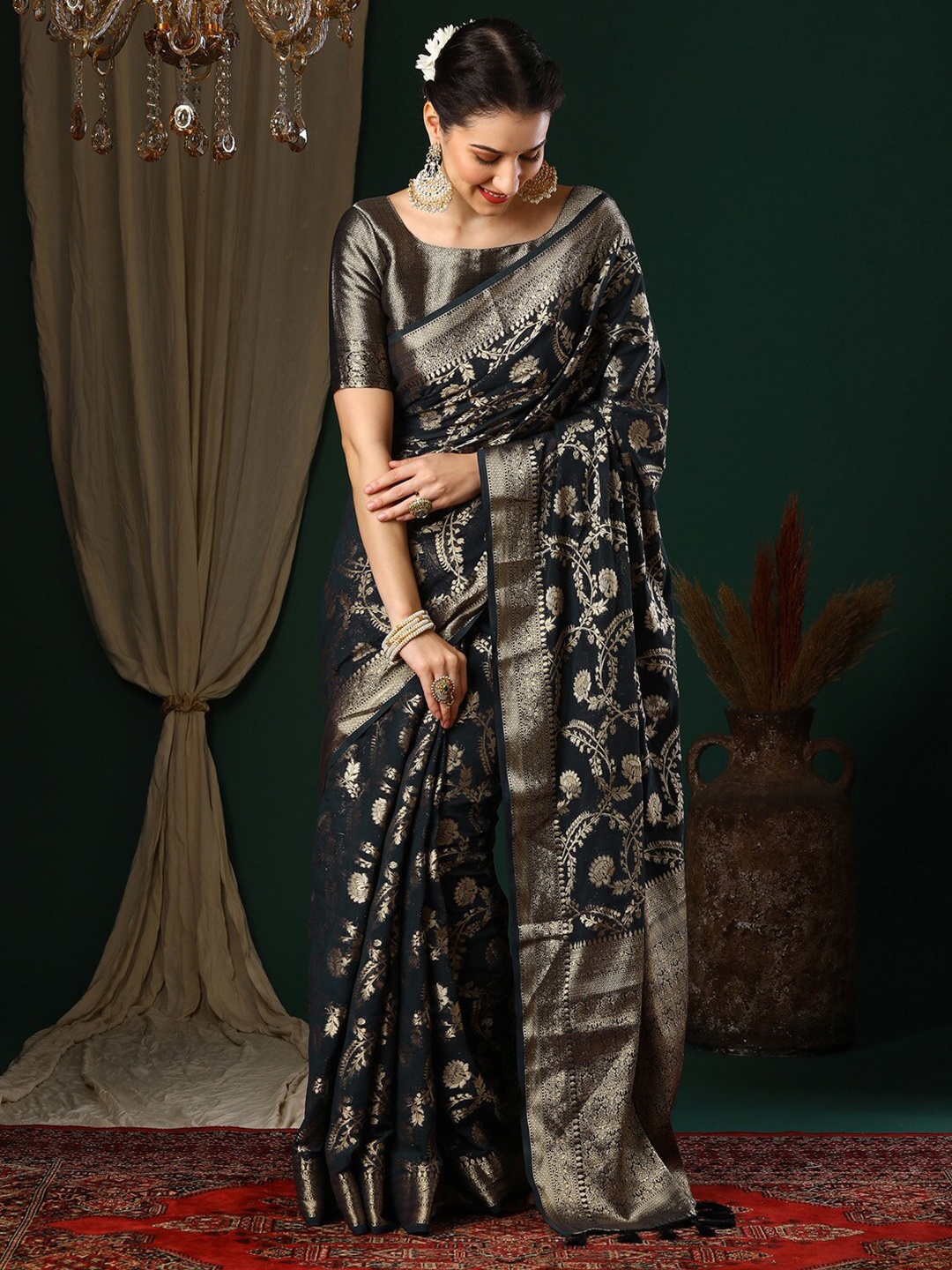 

Anouk Black Ethnic Motifs Woven Design Zari Pure Georgette Kanjeevaram Saree