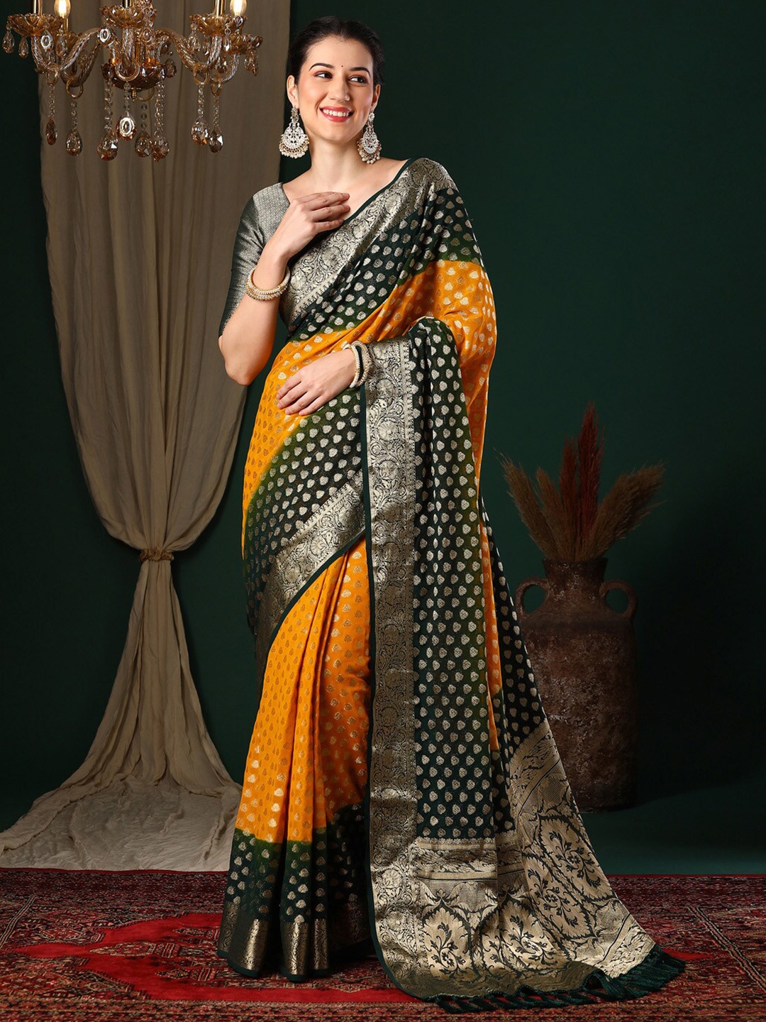 

Anouk Yellow Ethnic Motifs Woven Design Zari Pure Georgette Kanjeevaram Saree