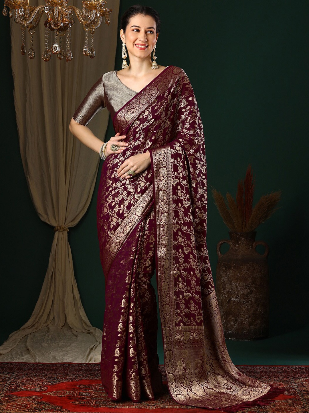 

Anouk Magenta Ethnic Motifs Woven Design Zari Pure Georgette Kanjeevaram Saree
